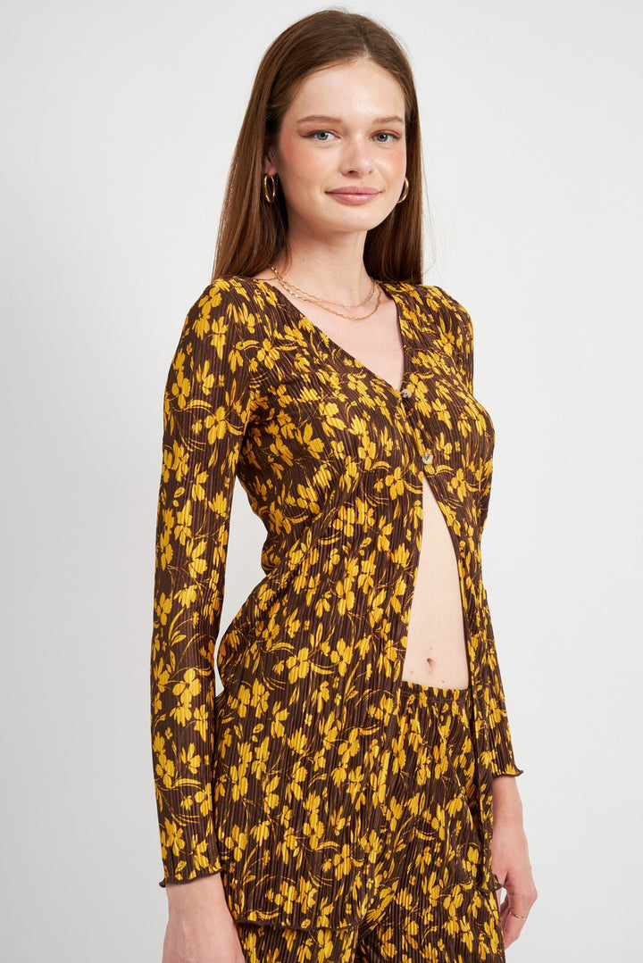 Button Front Printed Plisse Top