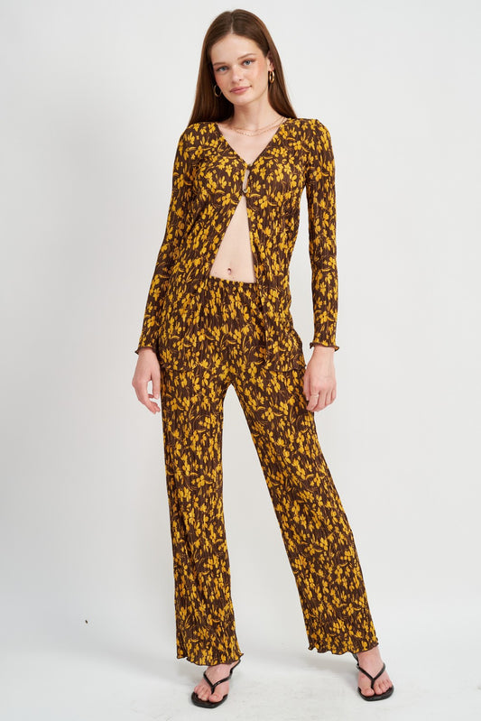 Brown Button Front Printed Plisse Top