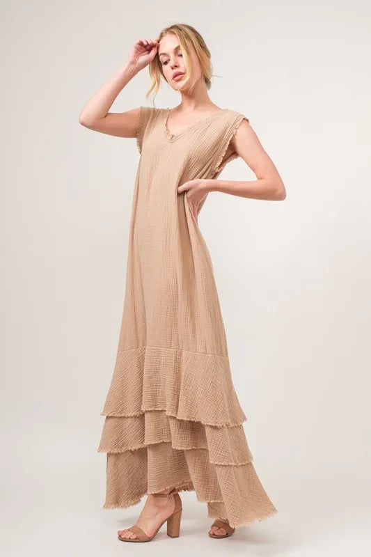 And The Why Washed Cotton Gauze Fringe Detail Tiered Dress 1