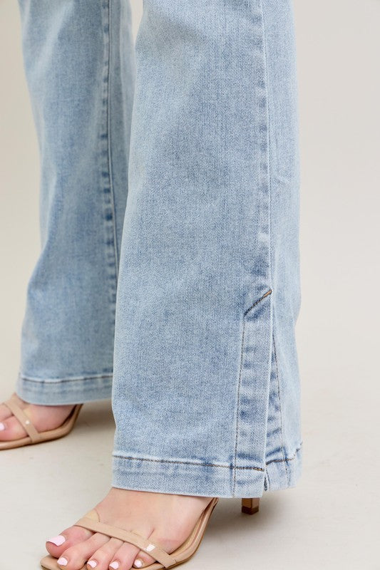Light Judy Blue Full Size Tummy Control Vintage Wash Side Slit Slim Boot Jeans Plus Size