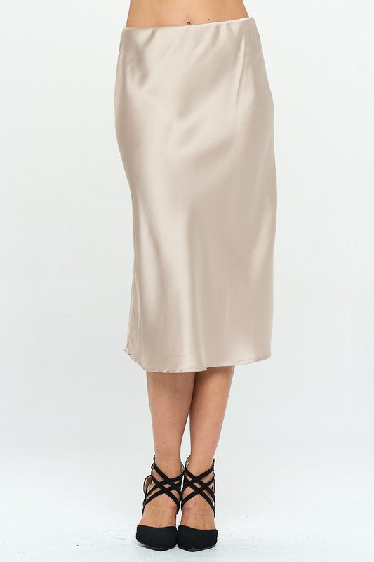 Beige Made In Usa Solid Satin Midi Skirt 2
