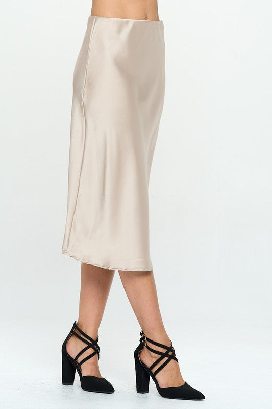 Beige Made In Usa Solid Satin Midi Skirt 2