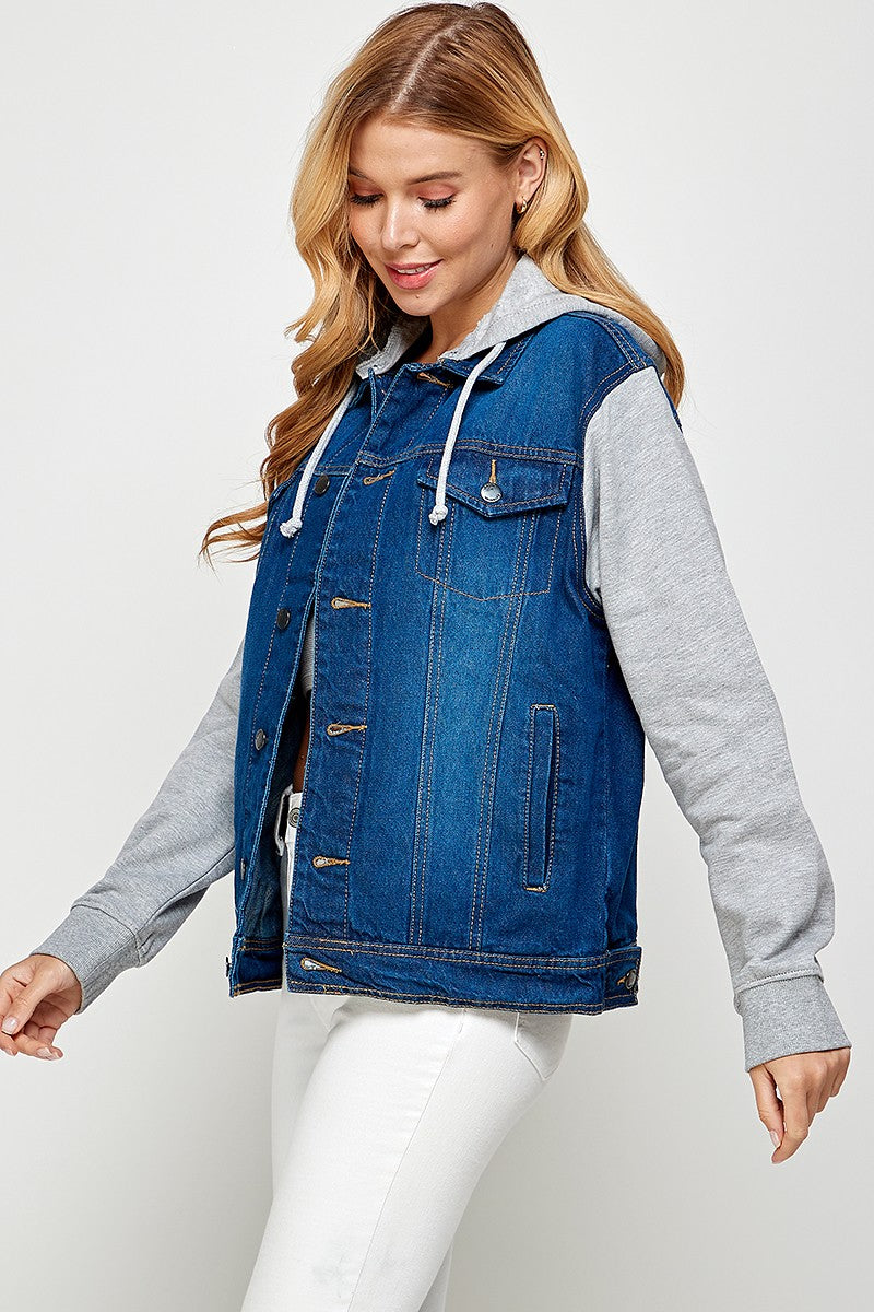 Black Womens Denim Jacket With Fleece Hoodies 1