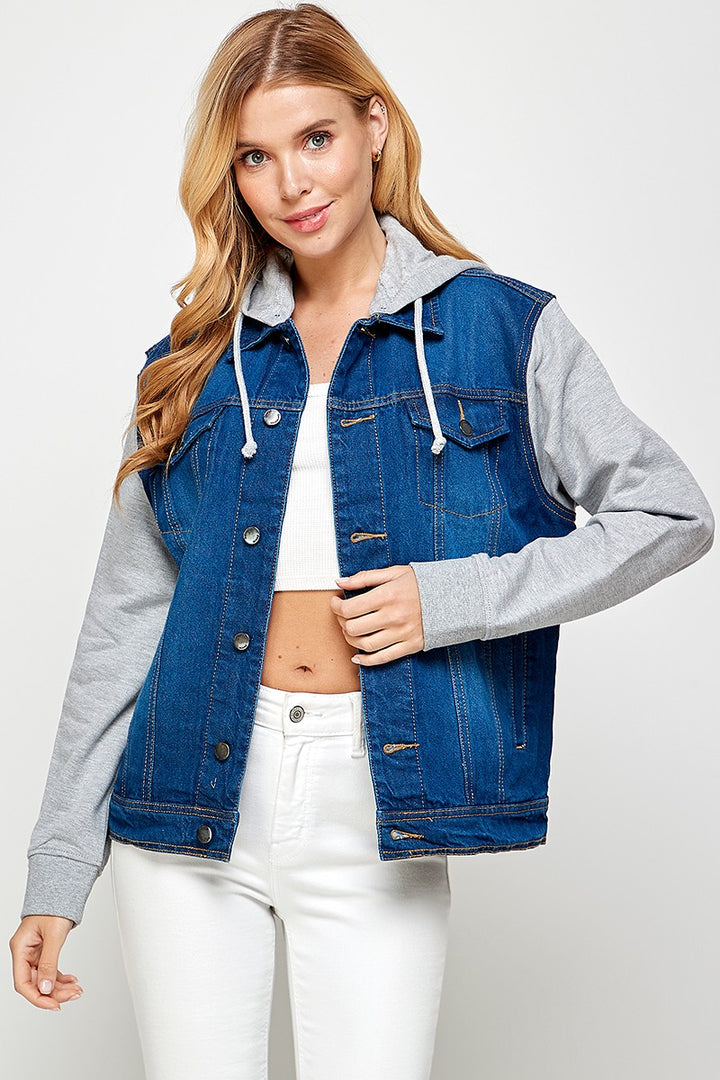 Medium Blue Womens Denim Jacket With Fleece Hoodies