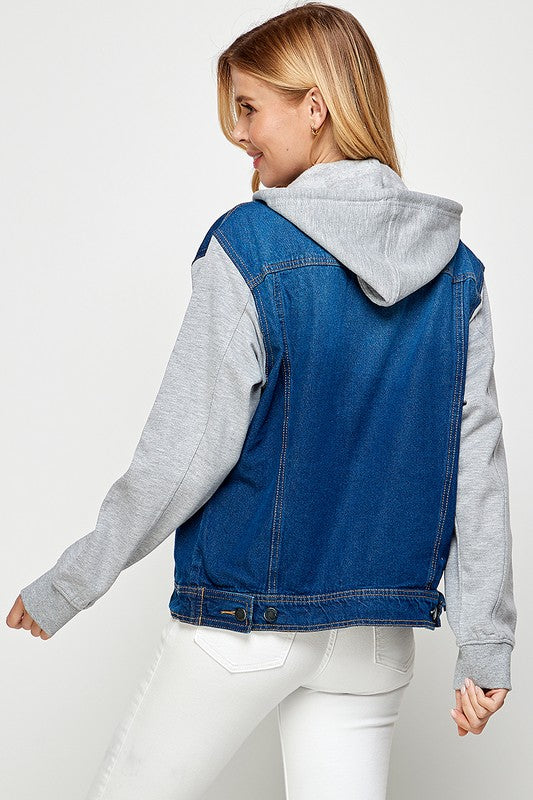 Dark Blue Womens Denim Jacket With Fleece Hoodies 1