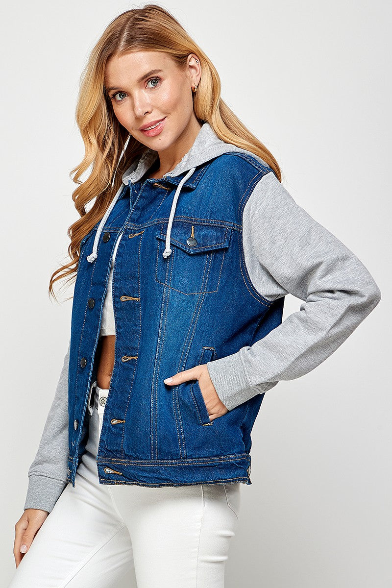 Medium Blue Womens Denim Jacket With Fleece Hoodies