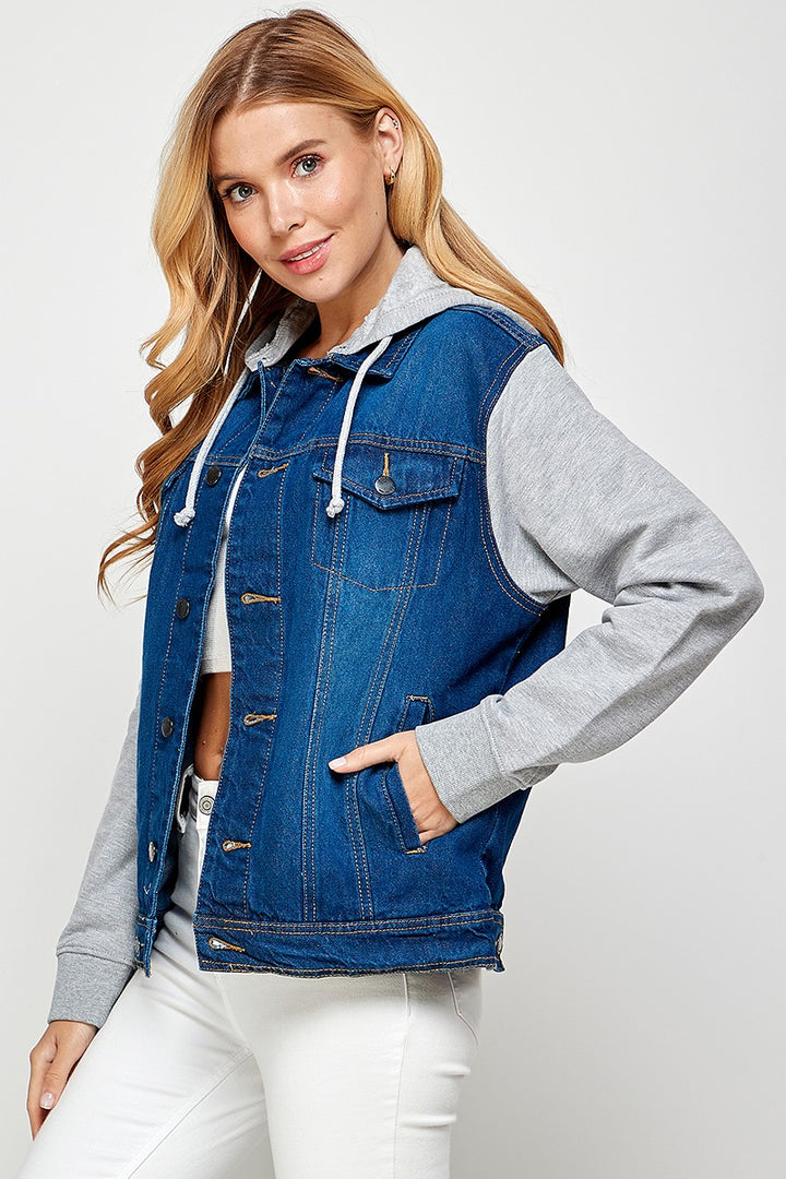 Medium Blue Womens Denim Jacket With Fleece Hoodies