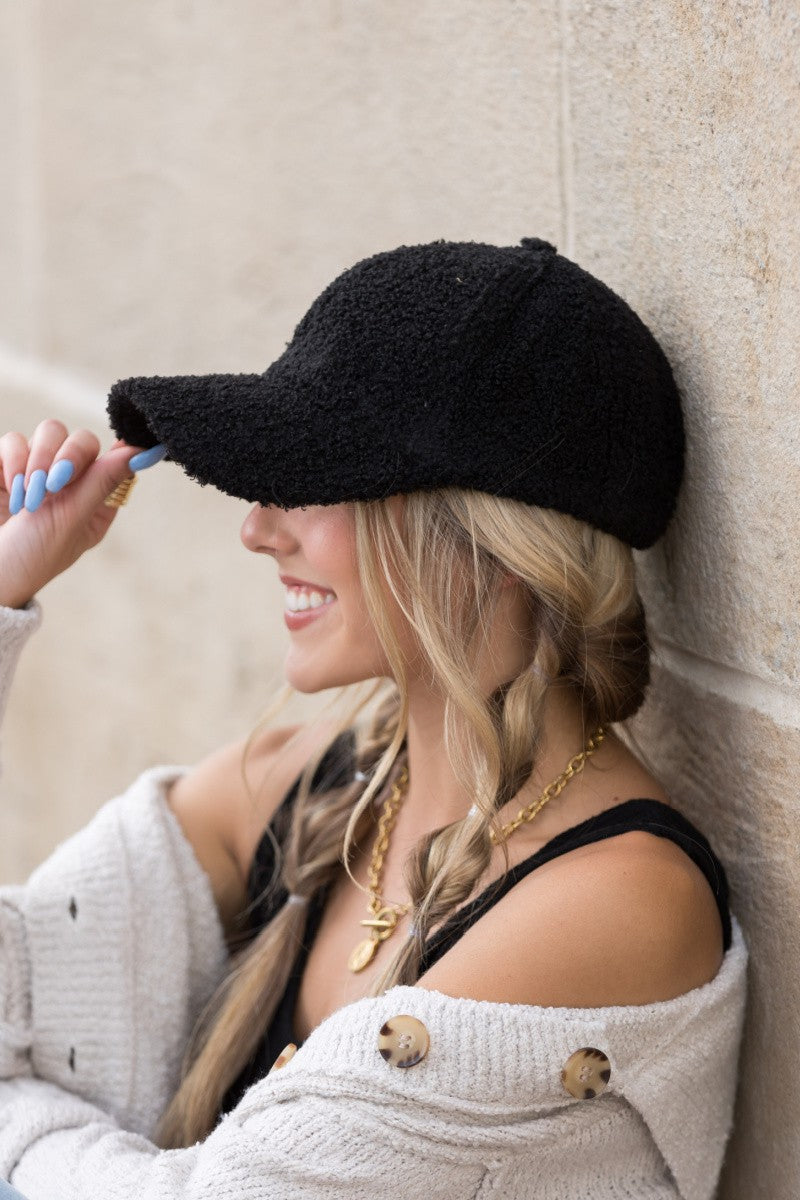 Black Boucle Sherpa Teddy Bear Knit Ball Cap | Anekay