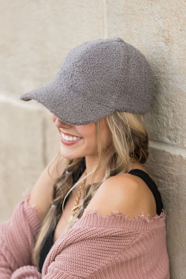 Gray Boucle Sherpa Teddy Bear Knit Ball Cap | Anekay