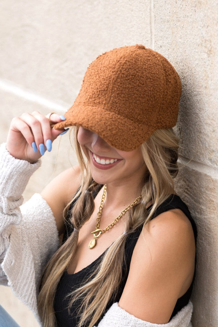 Dark Camel Boucle Sherpa Teddy Bear Knit Ball Cap | Anekay