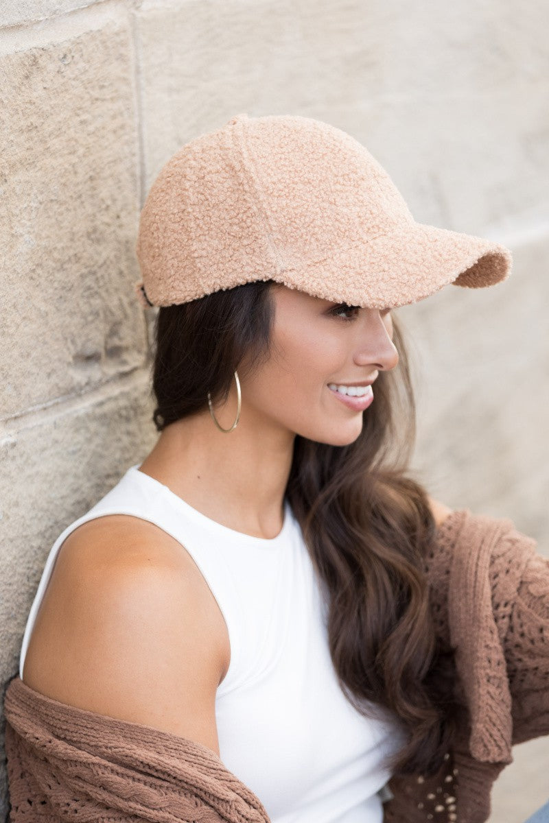 Beige Boucle Sherpa Teddy Bear Knit Ball Cap | Anekay