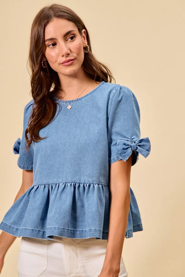 So Me Denim Bow Detail Short Sleeves Peplum Top