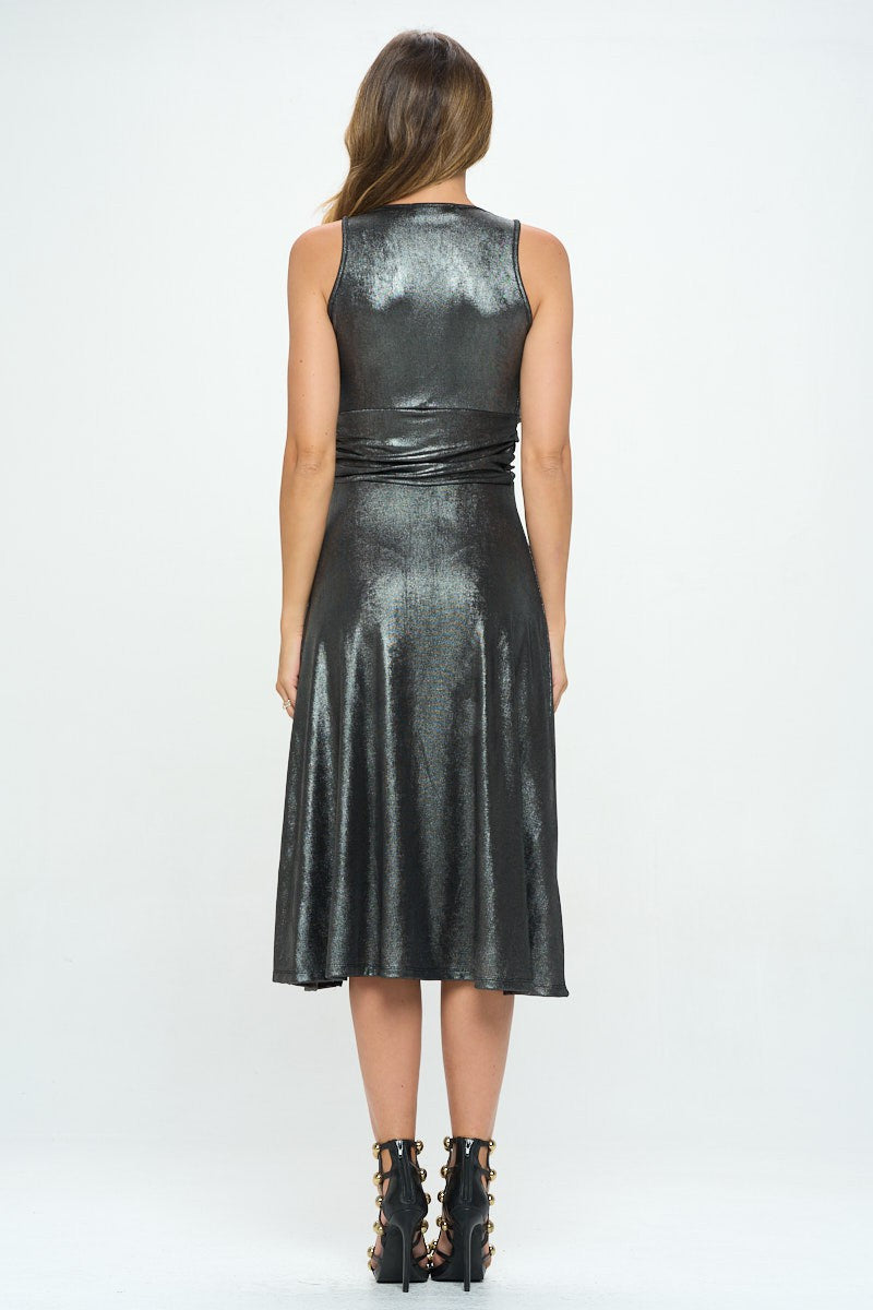 Metallic Solid Deep V Neck Lined Dress With Slit 1 | Anekay