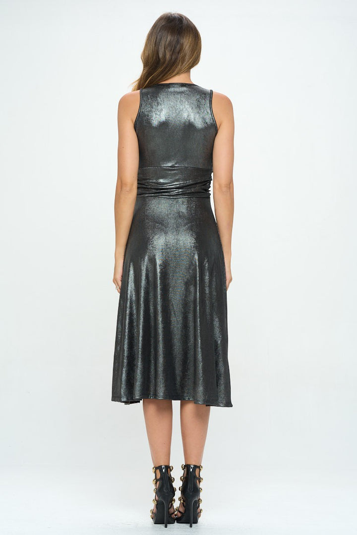 Metallic Solid Deep V Neck Lined Dress With Slit 1 | Anekay