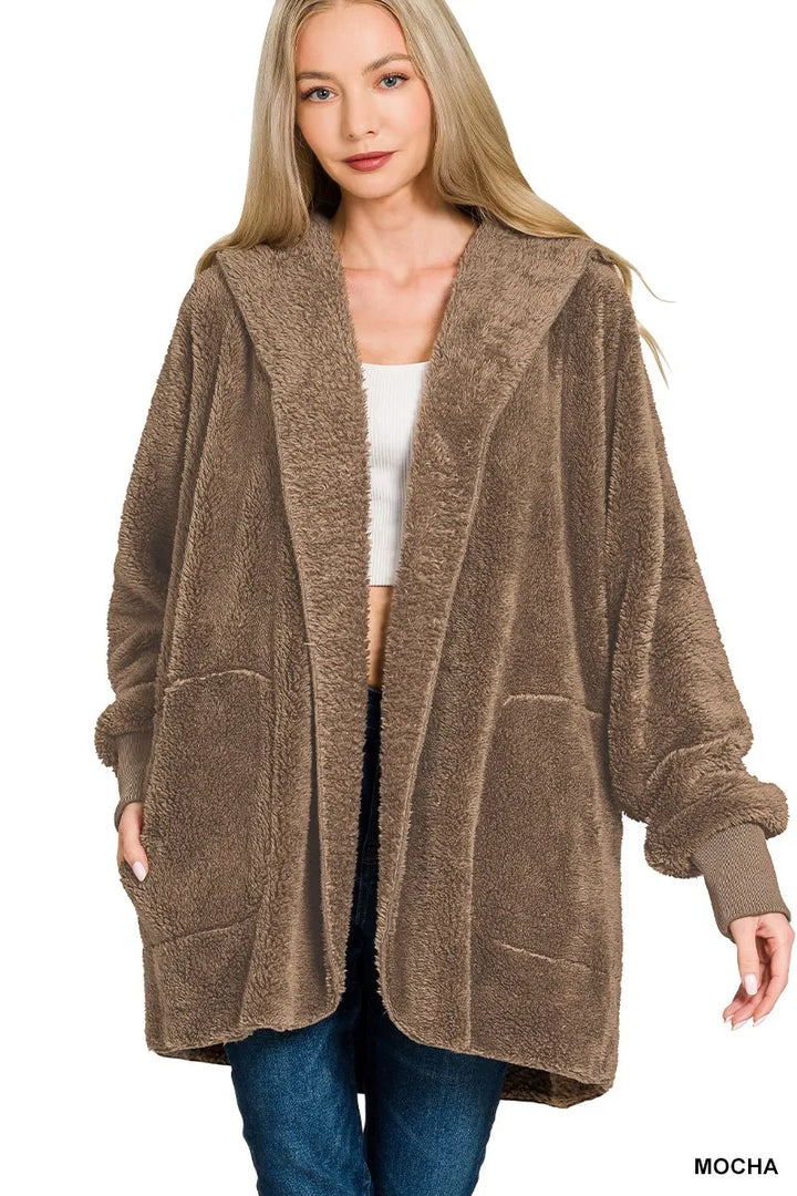 Mocha Zenana Hooded Faux Fur Jacket With Pockets 1