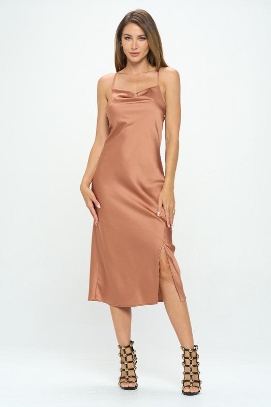 Cinnamon Stretch Silky Satin Bias Slip Dress With Slit