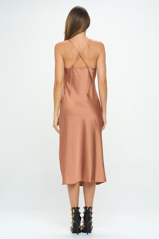 Stretch Silky Satin Bias Slip Dress With Slit