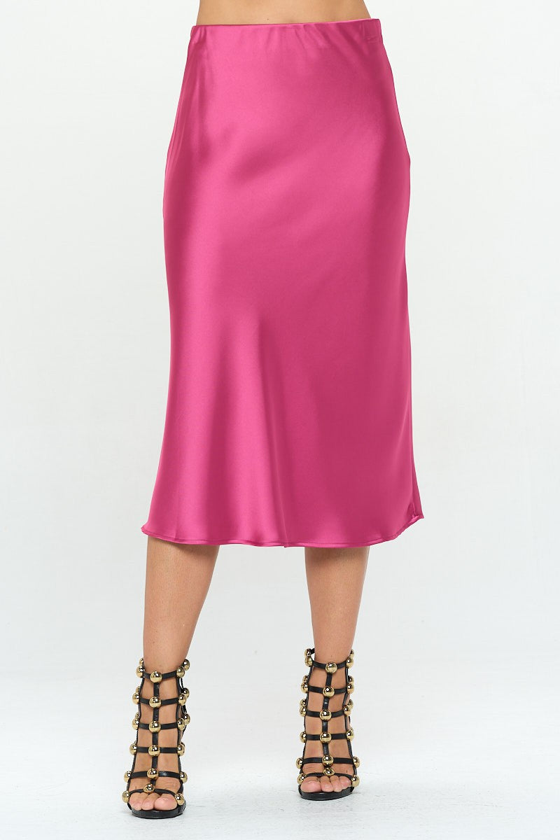 Dark Magenta Solid Stretch Satin Midi Skirt