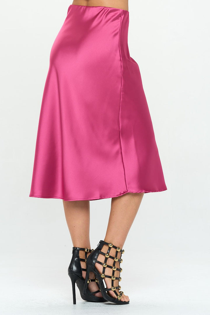 Dark Magenta Solid Stretch Satin Midi Skirt