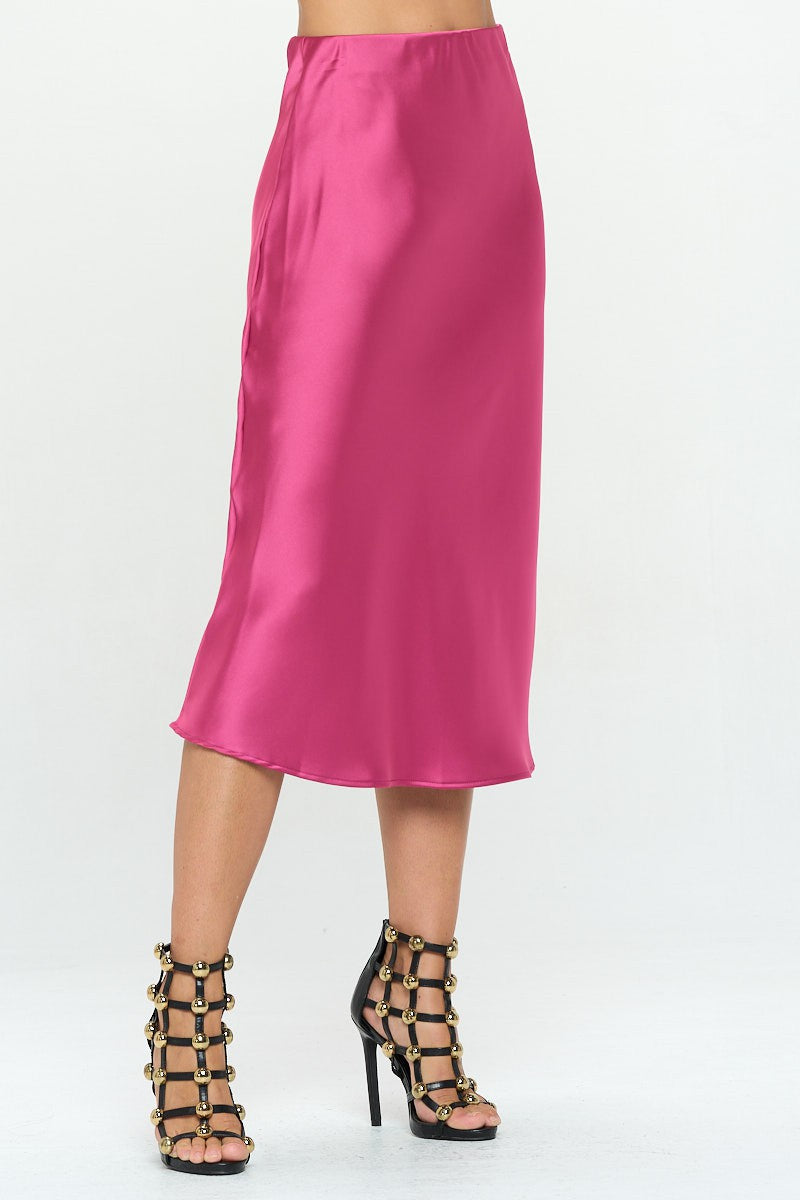 Dark Magenta Solid Stretch Satin Midi Skirt