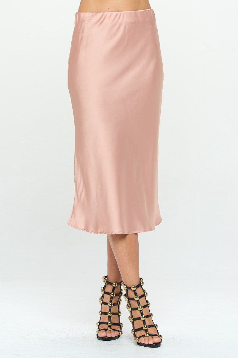 Made in USA Solid Stretch Satin Midi Skirt
