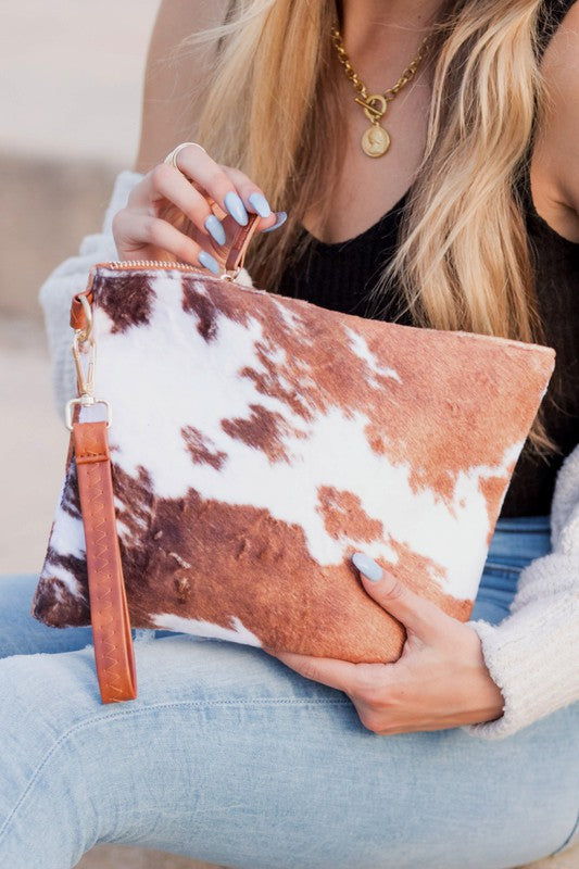 Black Faux Fur Cow Animal Print Clutch