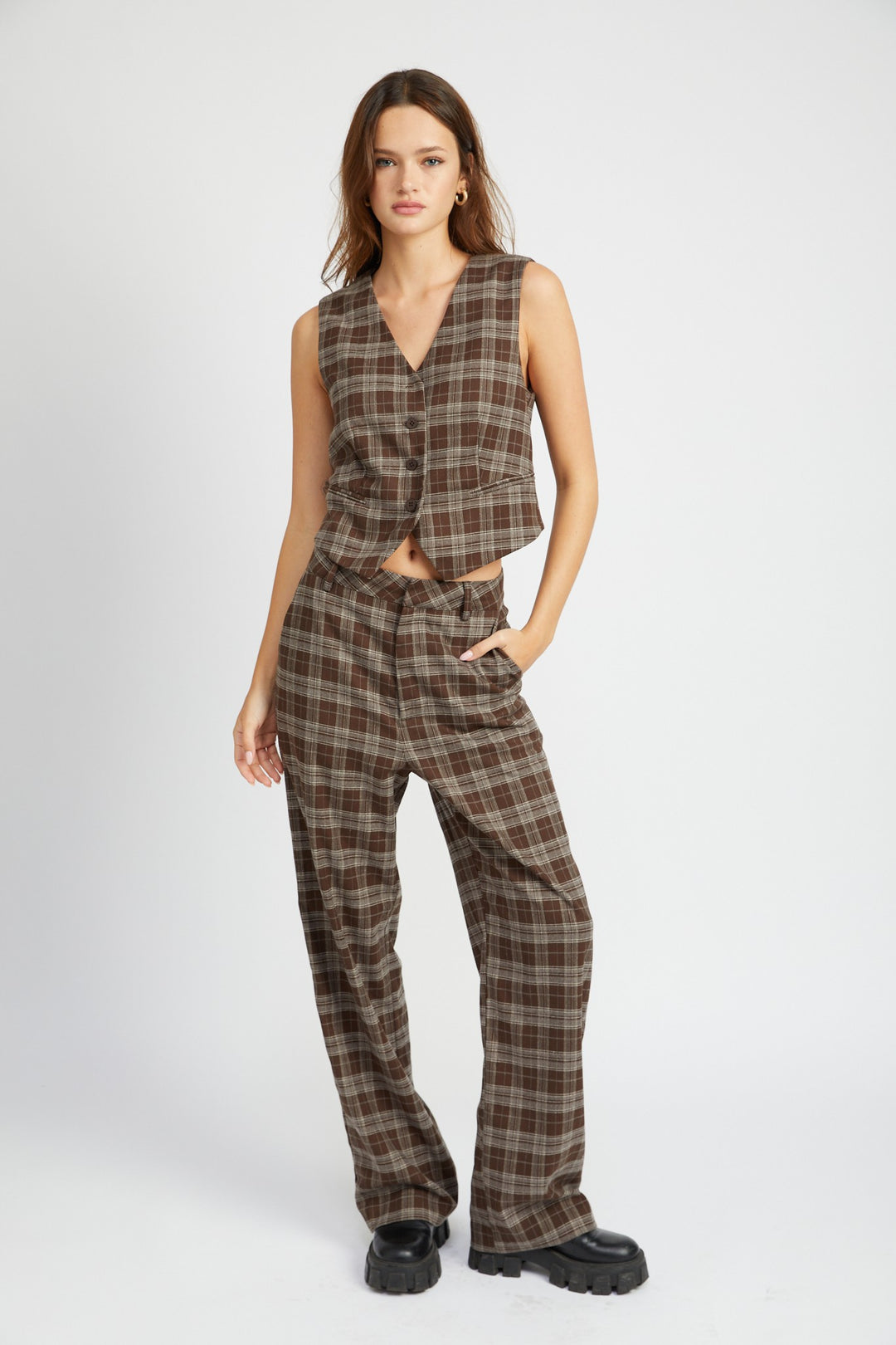 Dark Brown Plaid High Waist Trousers