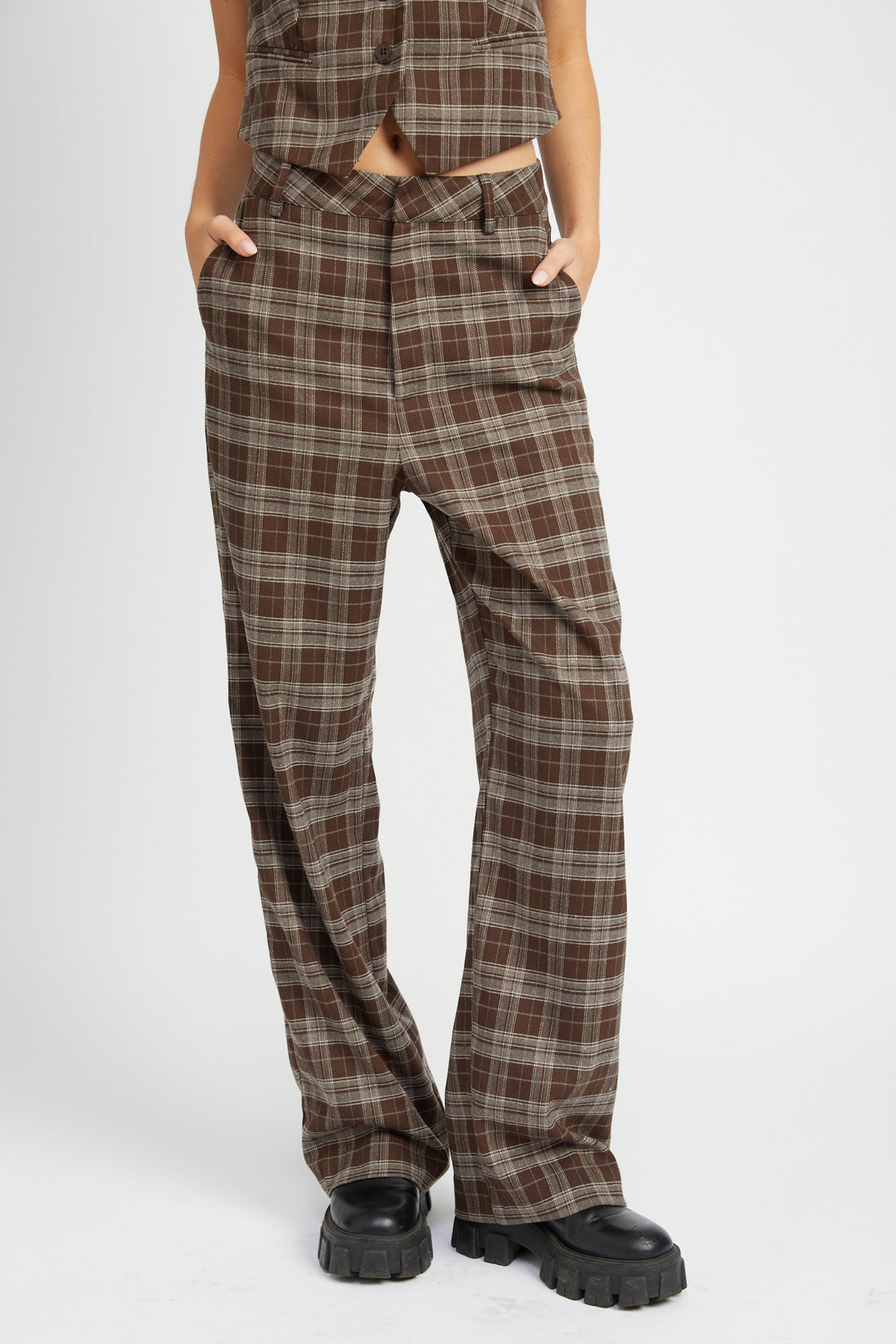 Dark Brown Plaid High Waist Trousers