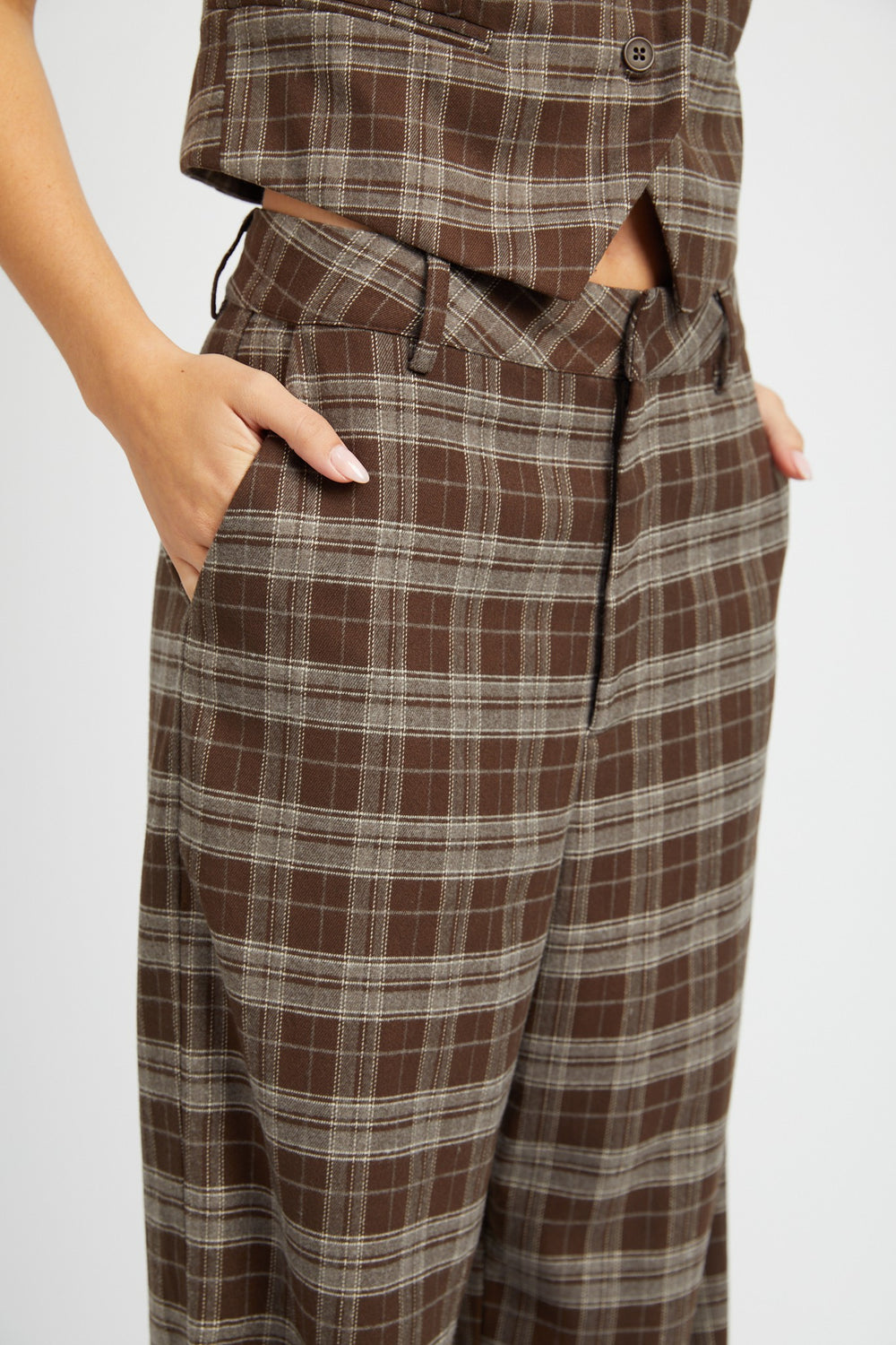 Dark Brown Plaid High Waist Trousers