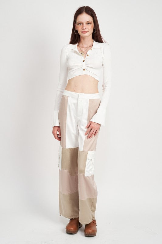 Off White Long Sleeve Button Up Crop Top 1