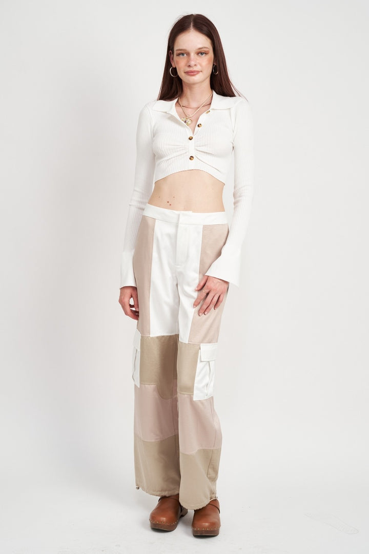 Off White Long Sleeve Button Up Crop Top 1