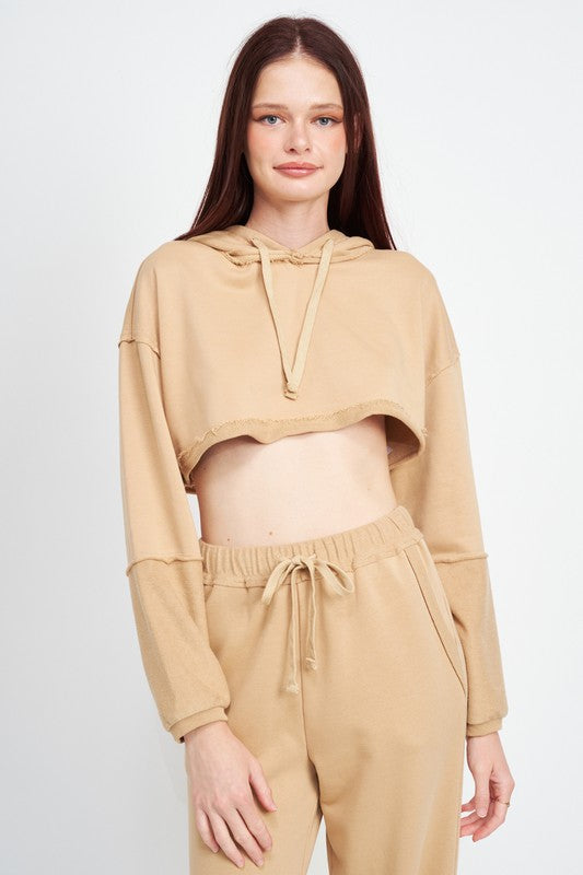 Brown Cropped Hoodie With Drawstrings 1