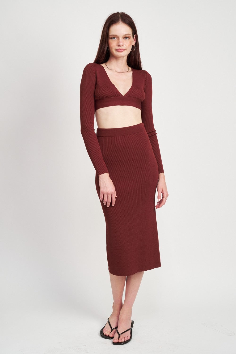 Brown V Neck Cropped Sweater Top