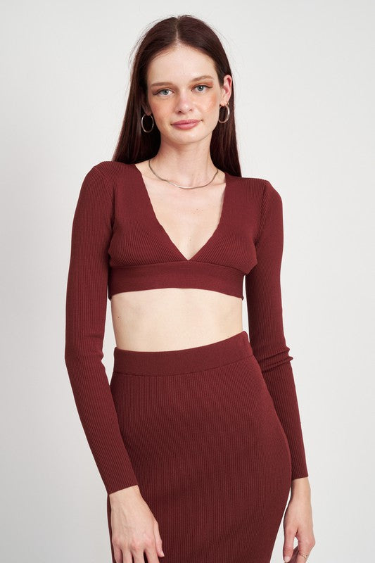 Berry V Neck Cropped Sweater Top