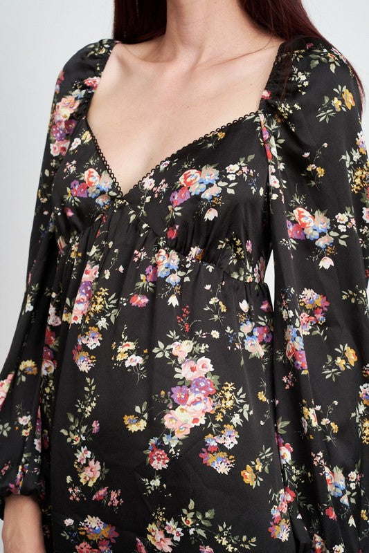 Black Floral Floral Long Sleeve Baby Doll Dress