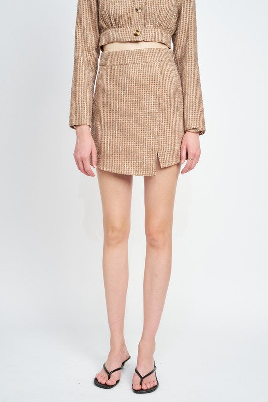 Dark Beige Asymmetrical Tweed Mini Skirt