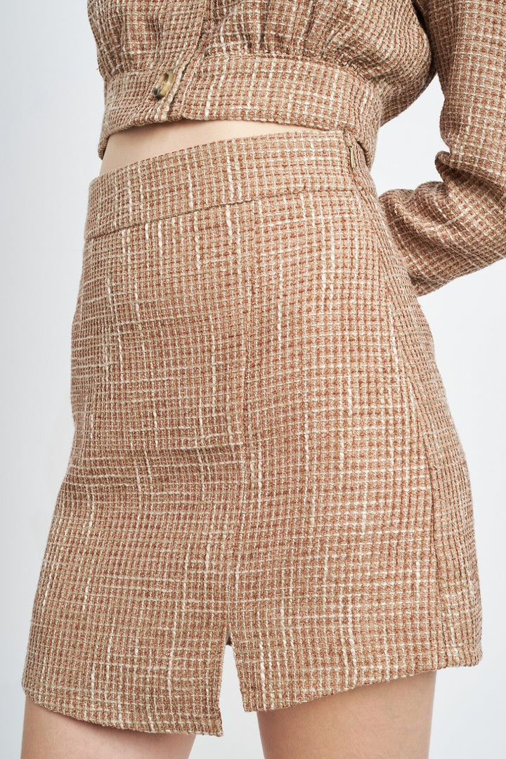 Dark Beige Asymmetrical Tweed Mini Skirt