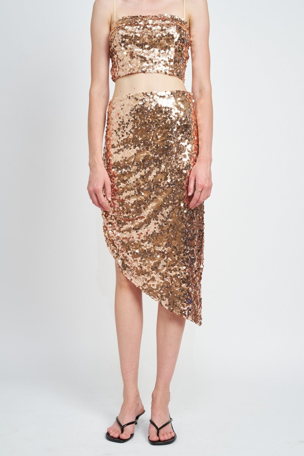 Brown Sequin Shirred Midi Skirt