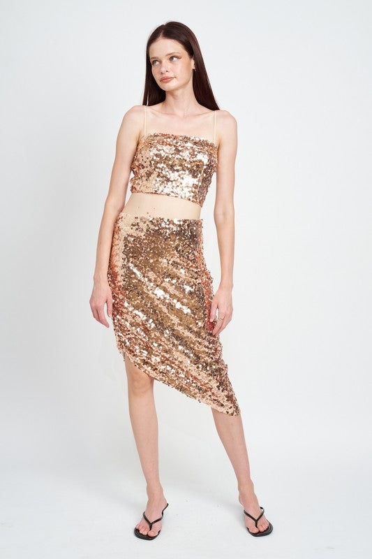 Sequin Shirred Midi Skirt