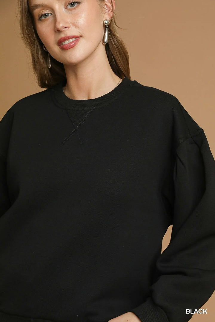Black Umgee Round Neck Sweatshirt With Pleated Detail