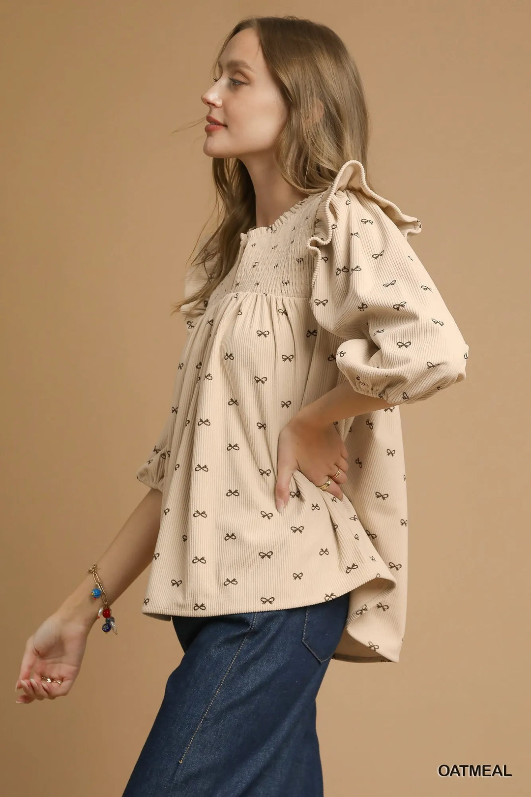 Oatmeal Umgee Bow Print Corduroy Puff Sleeve Blouse With Ruffled