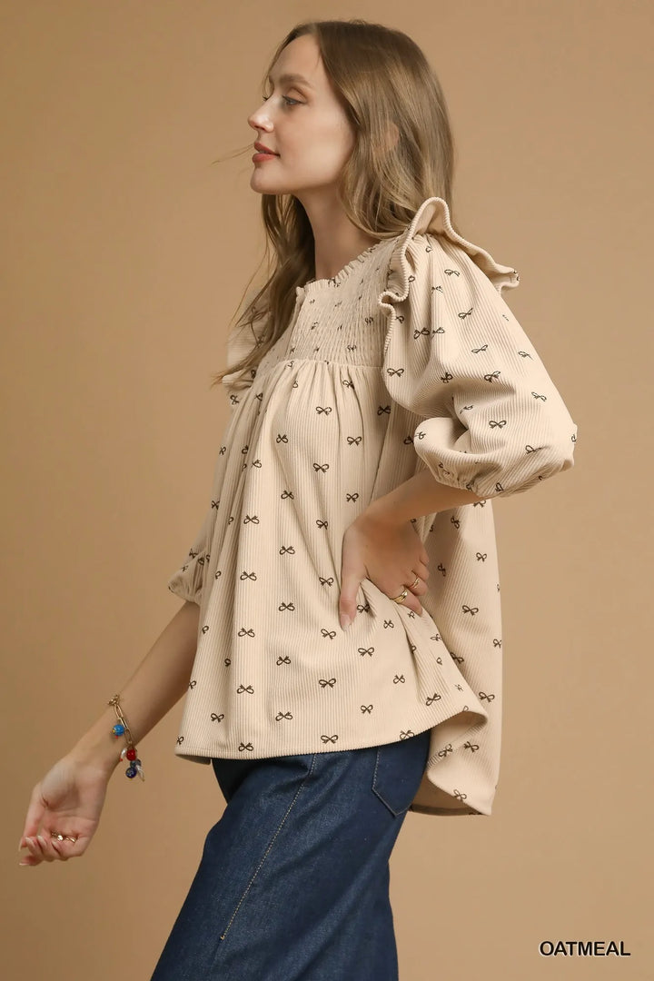Oatmeal Umgee Bow Print Corduroy Puff Sleeve Blouse With Ruffled