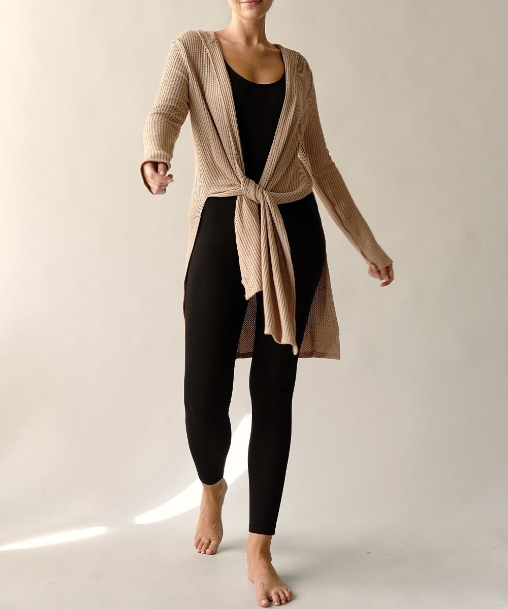 Bamboo Waffle Slim Cardigan With A Hoodie