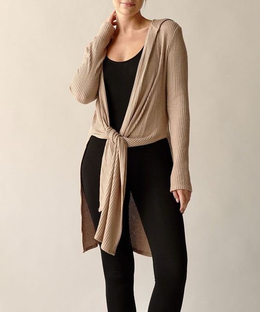 Bamboo Waffle Slim Cardigan With A Hoodie