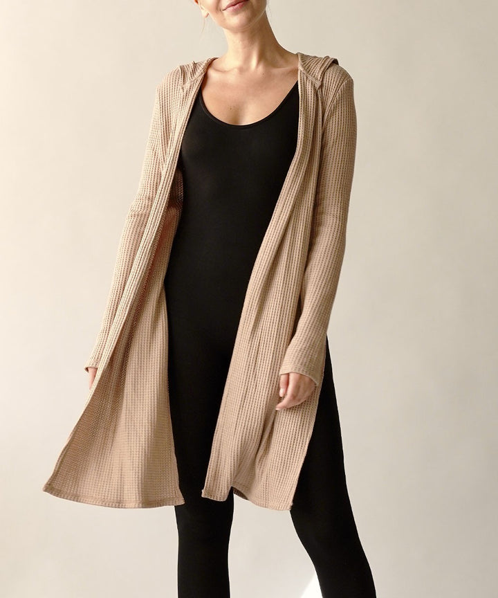 Bamboo Waffle Slim Cardigan With A Hoodie