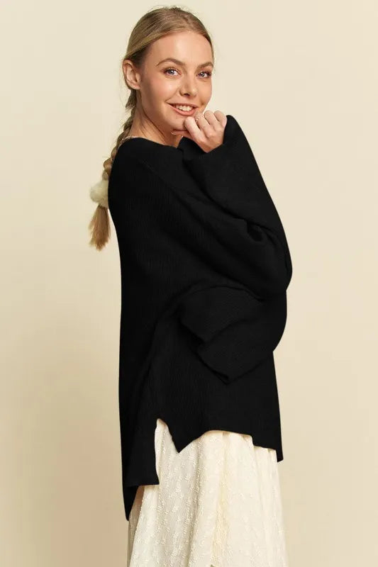 Black Davi Dani High Low Round Neck Drop Shoulder Sweater