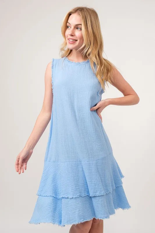 Baby Blue And The Why Washed Fringe Detail Tiered Dress