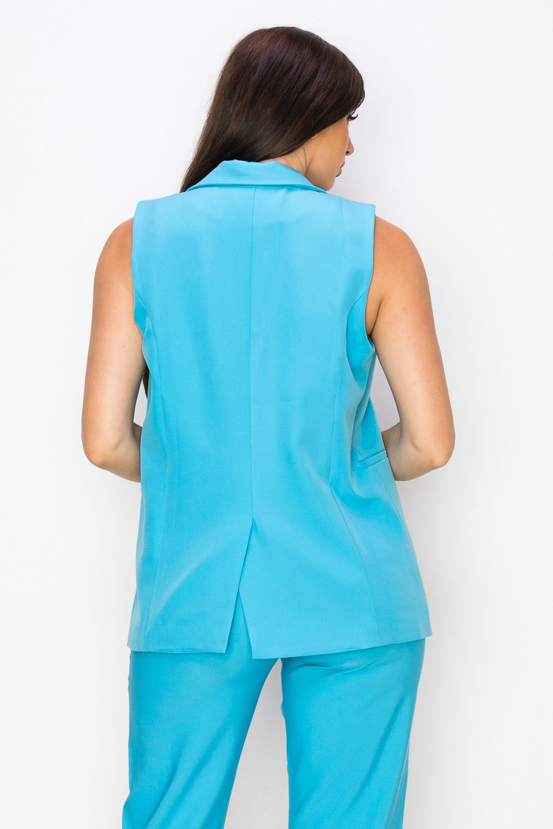 Light Blue Womens Dressy Solid Vest With Pockets