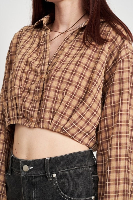 Deep Green Cropped Button Up Shirt With Elastic Waistband