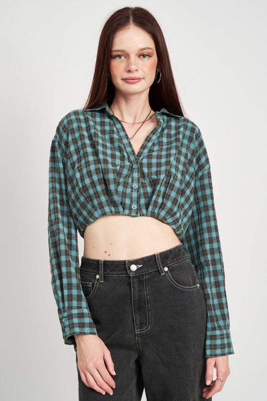 Cropped Button Up Shirt With Elastic Waistband